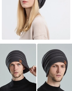 Detailed knit texture and brown leather logo patch on a dark grey ribbed beanie hat