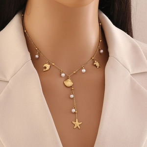 Stainless Steel Ocean Theme Necklace With Faux Artificial Pearls Dolphin Starfish Shell Octopus Turtle Pendants Gold Plated