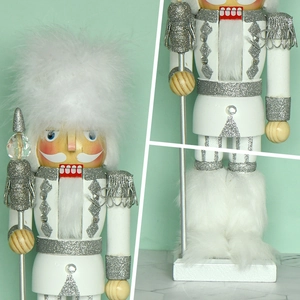 35cm White and Silver Christmas Nutcracker King Decoration with Feather Hat and Scepter