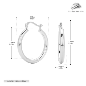 Detailed size measurement showing 2.50cm diameter of polished S925 silver hoop earrings