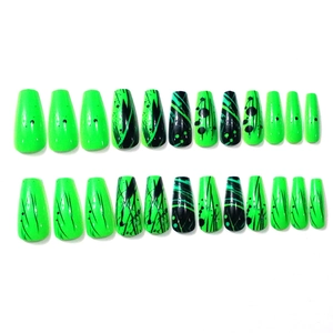 Neon green coffin press-on nails with black abstract striped patterns, 24 piece set