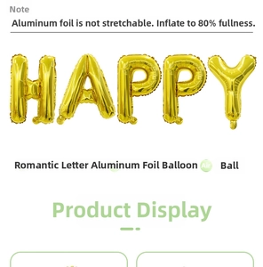 Macro shot of 16-inch golden HAPPY alphabet foil balloons with glossy metallic finish