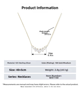 Detailed size specifications of S925 sterling silver smile necklace with shiny zircons