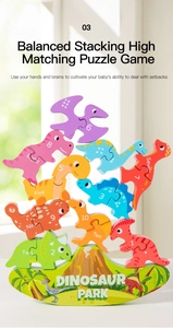 Detailed view of colorful wooden dinosaur balancing blocks with numbers and English words