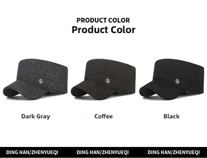 Detail view of winter flat top caps in dark grey, coffee, and black with metal logo