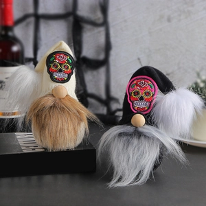 Halloween gnome plush decor with sugar skull embroidery and faux fur beards
