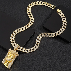 Hip hop gold Jesus head pendant with sparkling rhinestones on Cuban link chain