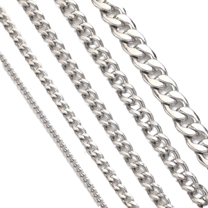 Polished silver stainless steel Cuban link chains in five different thickness variations