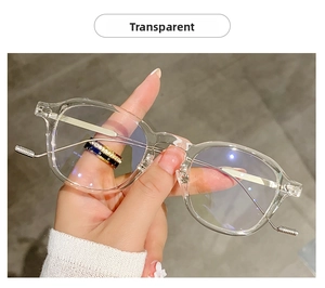 Detail of transparent eyewear frame with anti-blue light coating and silver inner core