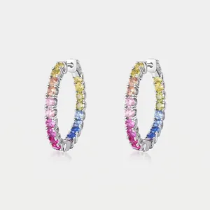 Fashion Rainbow Cubic Zirconia Hoop Earrings With 925 Sterling Silver Earring Post Colorful Sparkly Jewelry For Women