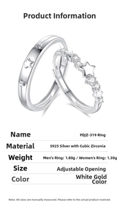 Detailed specs of adjustable S925 silver couple rings with cubic zirconia and star motif