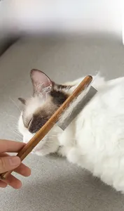 Primo piano del pettine per animali in legno massiccio che spazzola un gatto a pelo lungo