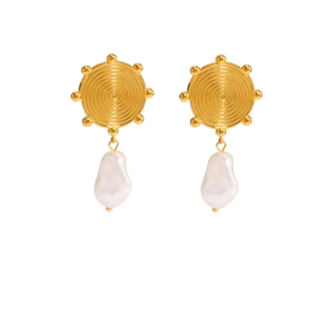Elegant gold earrings featuring spiral gear texture and baroque pearl pendants on white