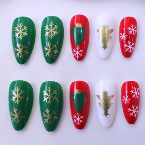 Christmas almond fake nails set with red green white snowflake and tree designs