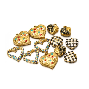 Colorful checkered and solid enamel heart charms in gold finish for jewelry DIY