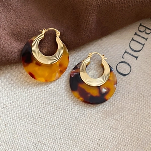 Detailed macro view of golden metal hoop earrings with amber acetate resin ring pendants