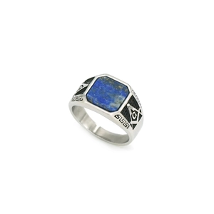 Vintage silver titanium steel Freemason ring for men with square blue lapis stone