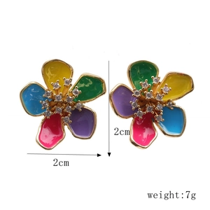 Detail view of 2cm floral stud earrings with multi-color enamel petals and crystal centers