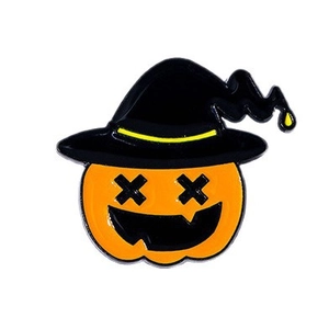 Cartoon pumpkin wizard enamel pin with black hat for Halloween theme jewelry accessory