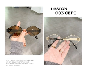 Detail of rhombic geometric sunglasses with carved metal temples and bicolor frames