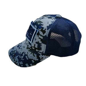 Detailed side view of tactical blue camo baseball cap with US flag patch and breathable mesh