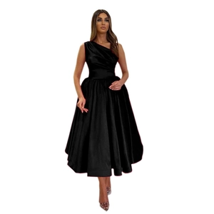 Elegant black one shoulder satin evening gown with pleated waist and flowing A-line skirt