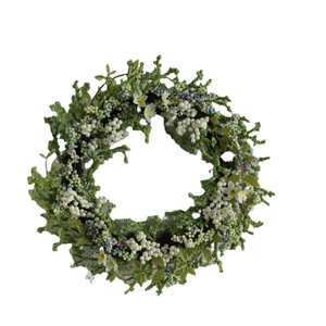Artificial spring berry wreath with green leaves and purple berries on a white background
