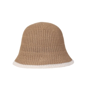 Elegant khaki knit cloche hat with white contrast brim edge for women summer sun protection