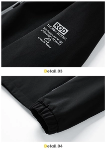 Detail view of black functional jacket showing windproof fabric and white arm print