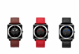 Detail view of square quartz watches showing brown, red, and black leather strap options