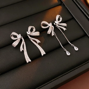 Bowknot Tassel Drop Earrings With Silver Earring Post Copper Zircon Inlaid Long Dangle Jewelry For Women Luxury Style