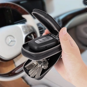 Genuine Leather Key Wallet Double Layer Litchi Pattern Cowhide Zipper Case Large Capacity Car Key Holder For Men Women