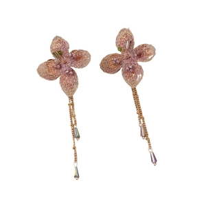 Vintage flower drop earrings with pink wire mesh, green beads and golden tassels