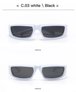 Close-up of white rectangular frame sunglasses with dark lenses and model C.03 engraving