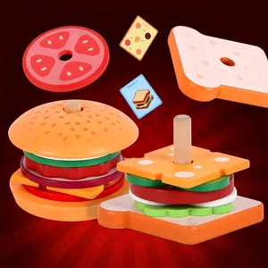 Educational wooden montessori burger and sandwich stacking toy set for kids kitchen play