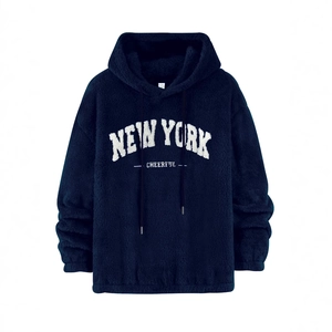 Felpa con cappuccio oversize in sherpa blu navy da uomo con ricamo New York Cheerful