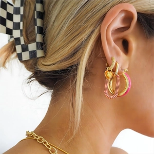 18k gold plated stainless steel hoop earrings with pink heart and chain pendants