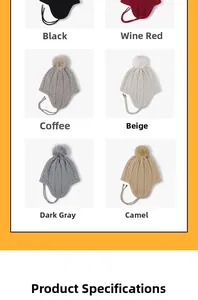 Detail view of winter cable knit beanies with pom poms and earflaps in six various colors