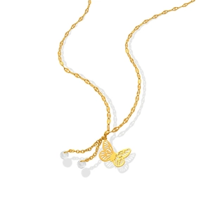Elegant gold butterfly pendant necklace with dangling zircon tassels on white background