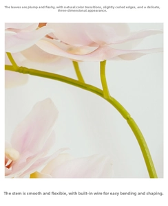 Detailed view of light pink artificial phalaenopsis orchid with flexible wired stem