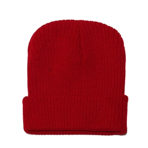 Detailed view of the red ribbed knit texture and cuffed hem on this winter beanie hat