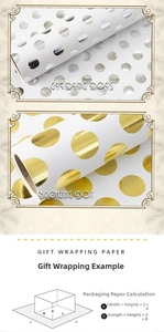 Detail showing metallic gold and silver foil polka dot gift wrapping paper patterns