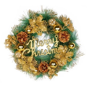 Golden Christmas wreath with Merry Christmas sign, pine cones, and poinsettia flowers