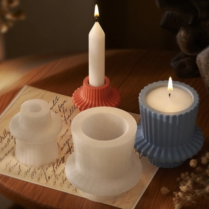Detailed translucent silicone mold showing striped candle holder and retro decor set