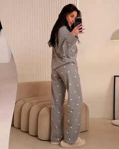 Detail view of the heart print pattern and lapel collar on gray loungewear set