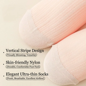 Thin breathable mesh mid-calf socks for women featuring ribbed nylon fabric and seamless toe