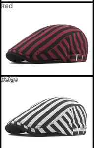 Detail of red and beige striped flat caps showing breathable fabric and metal buckles
