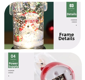 Detail of snowman snow globe lamp showing sparkling glitter and bottom battery compartment