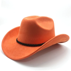 Detailed close-up of orange suede cowboy hat with black braided band and curved wide brim