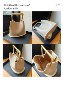 Detail view showing apricot leather bucket bag with elegant golden U-shaped handle and base